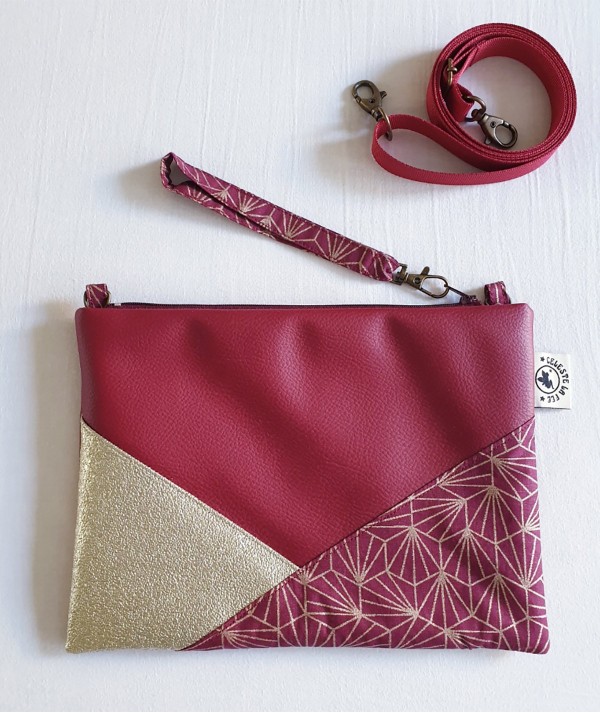 Pochette vegan simili cuir Céleste bordeaux et dorée